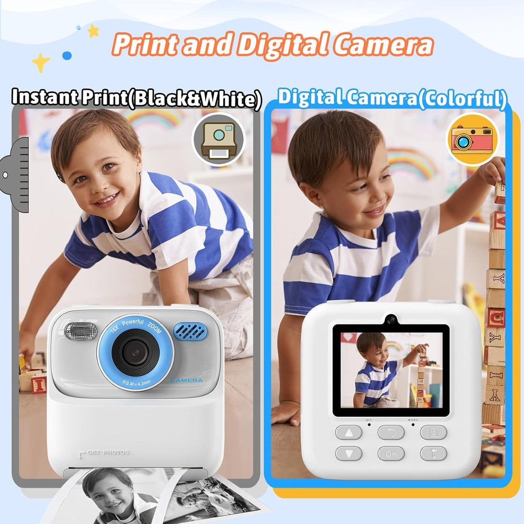 Upgrade Kinderkamera Sofortdruck für Jungen und Mädchen, 1080P HD Dual-Linse Selfie Digitalkamera mi