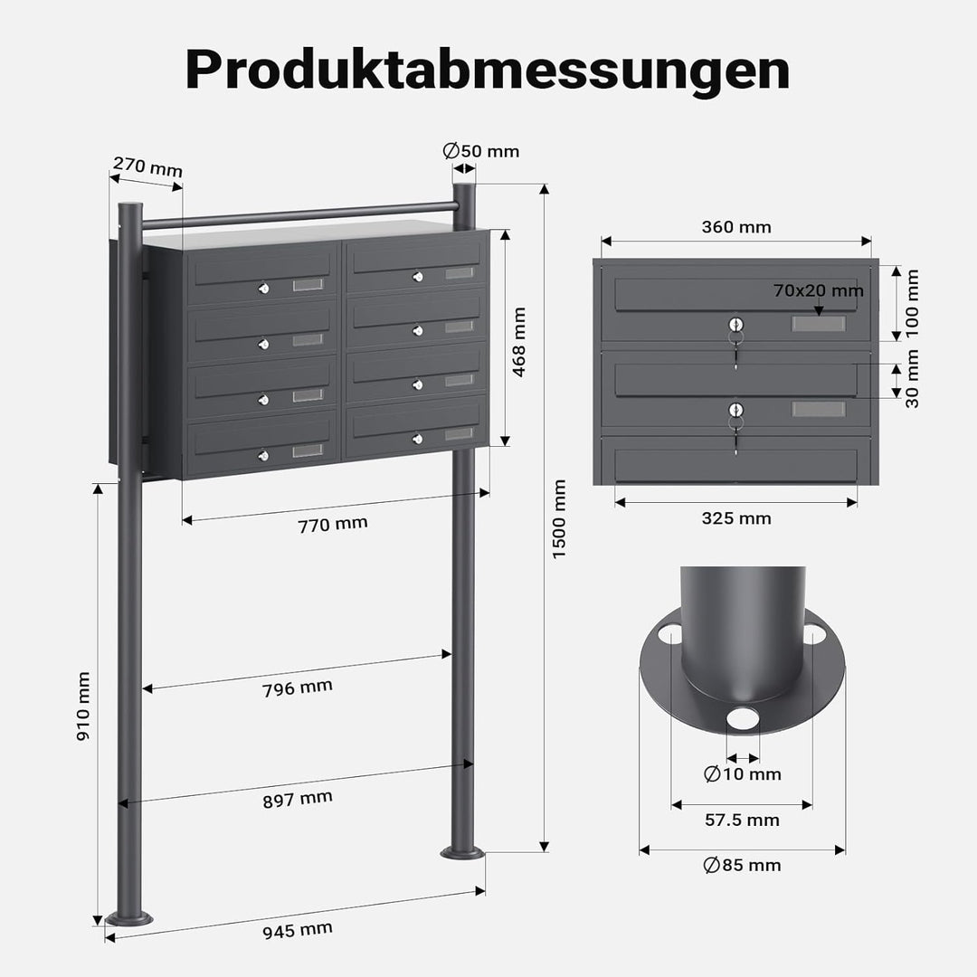 Wiltec 8er Briefkastenanlage Anthrazit 898 x 270 x 1500 mm, Standbriefkasten mit 2x4 Fächern, Schlüs