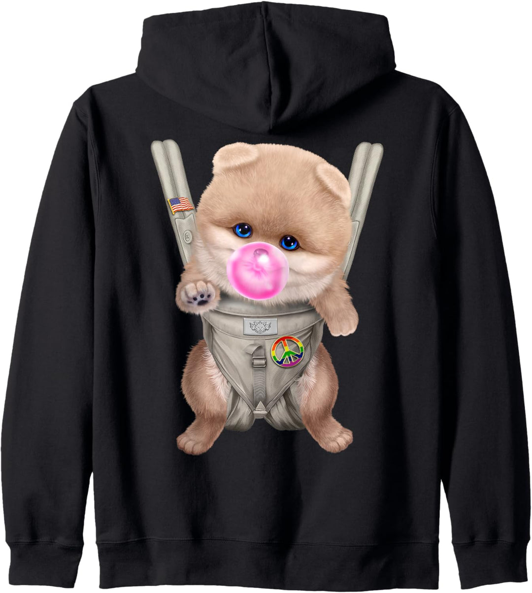 Creme Pommerscher Hund mit Kaugummi in der Babytrage Kapuzenjacke