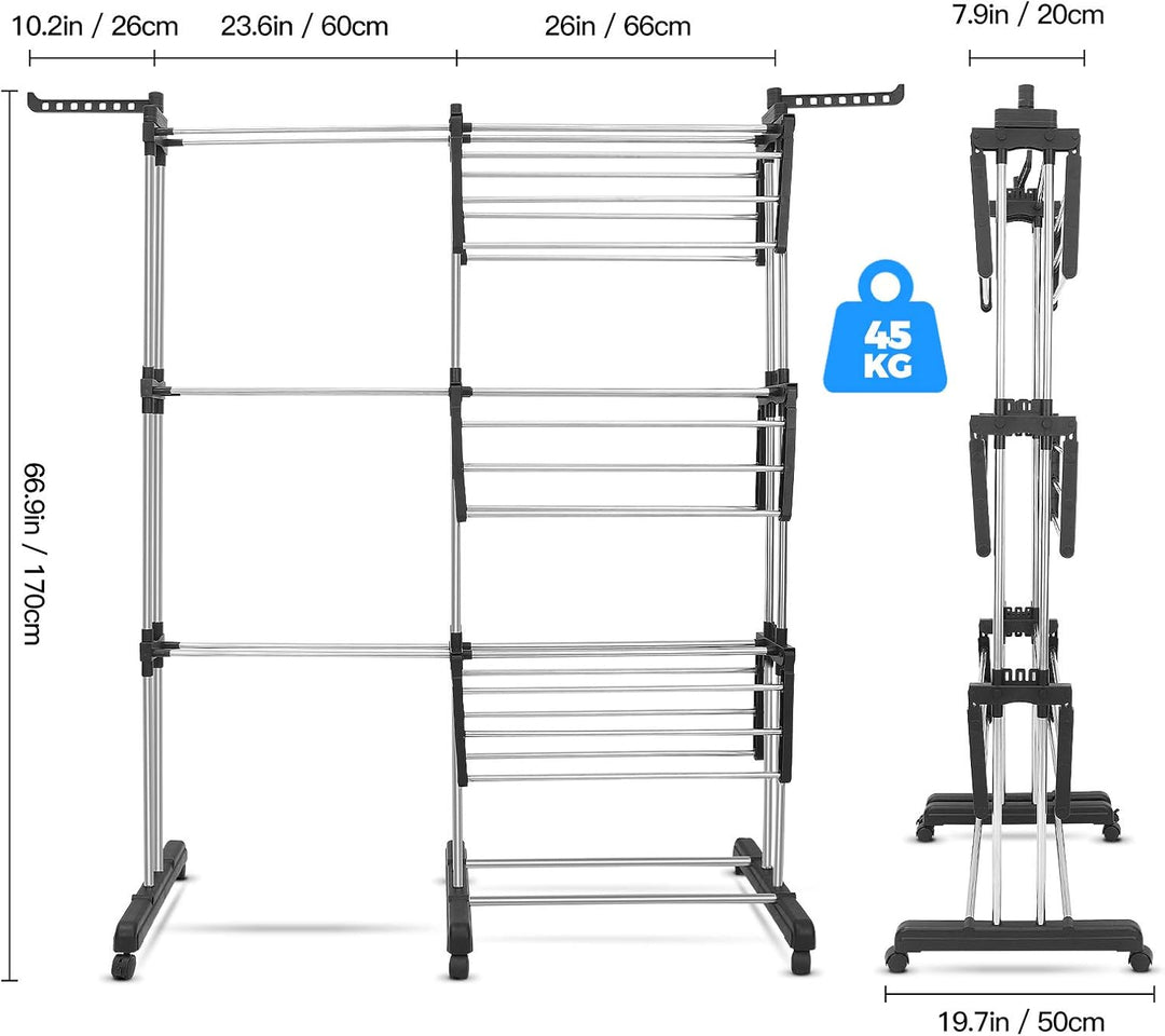 johgee 2 in 1 Wäscheständer Turm, ausziehbar Länge 66-130 cm, mit 6 faltbaren Flügeln auf 3 Ebenen,
