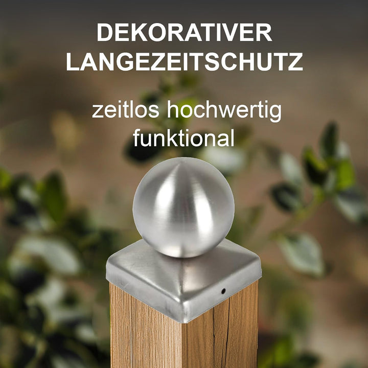 h2i Pfostenkappe Kugel | Edelstahl | 91 x 91 mm | 5 Stück | Eckige Abdeckkappe für Garten Holzpfoste