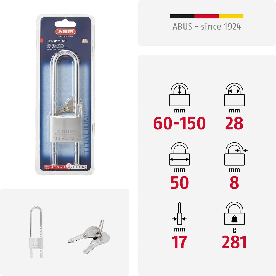 ABUS Vorhängeschloss Titalium 64TI/50HB60-150 mit hohem, ausziehbarem Bügel - Kellerschloss mit Schl