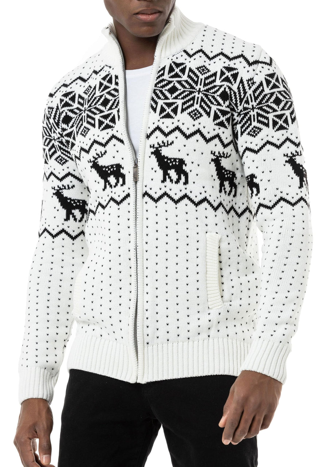 Redbridge Herren Strickjacke Norweger Strickpullover mit Reissverschluss S Weiss, S Weiß