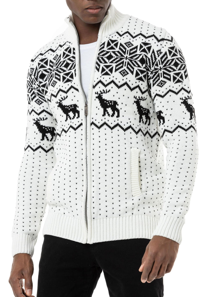 Redbridge Herren Strickjacke Norweger Strickpullover mit Reissverschluss S Weiss, S Weiß