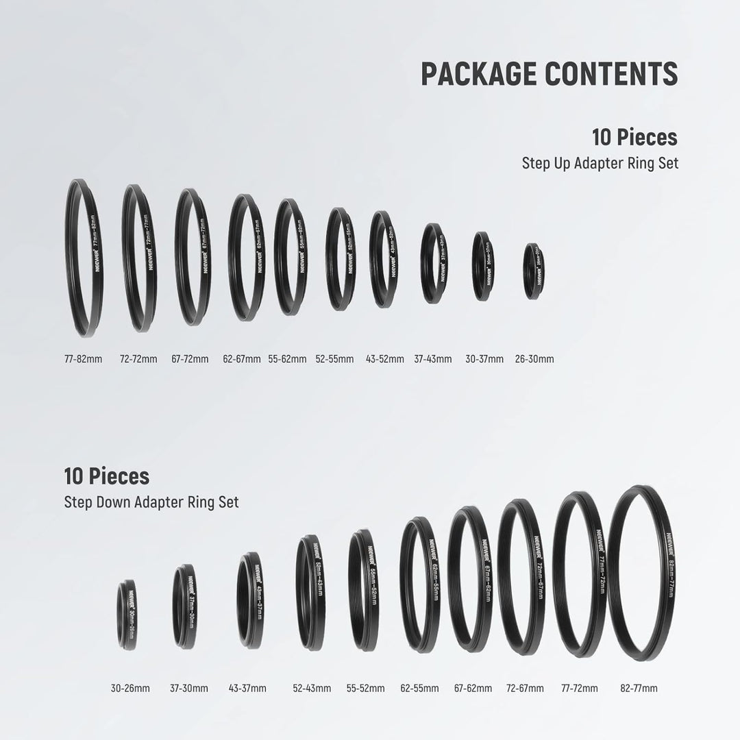 NEEWER 20 Stück Schwarz eloxiertes Metallobjektiv Filter Adapter Ring Kit einschliesslich 10 Stück S
