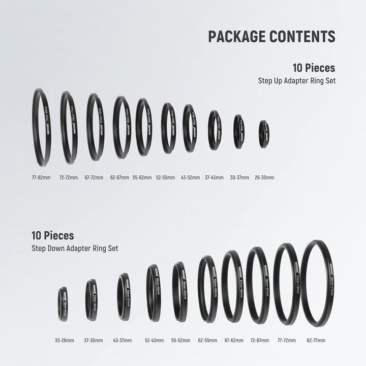 NEEWER 20 Stück Schwarz eloxiertes Metallobjektiv Filter Adapter Ring Kit einschliesslich 10 Stück S