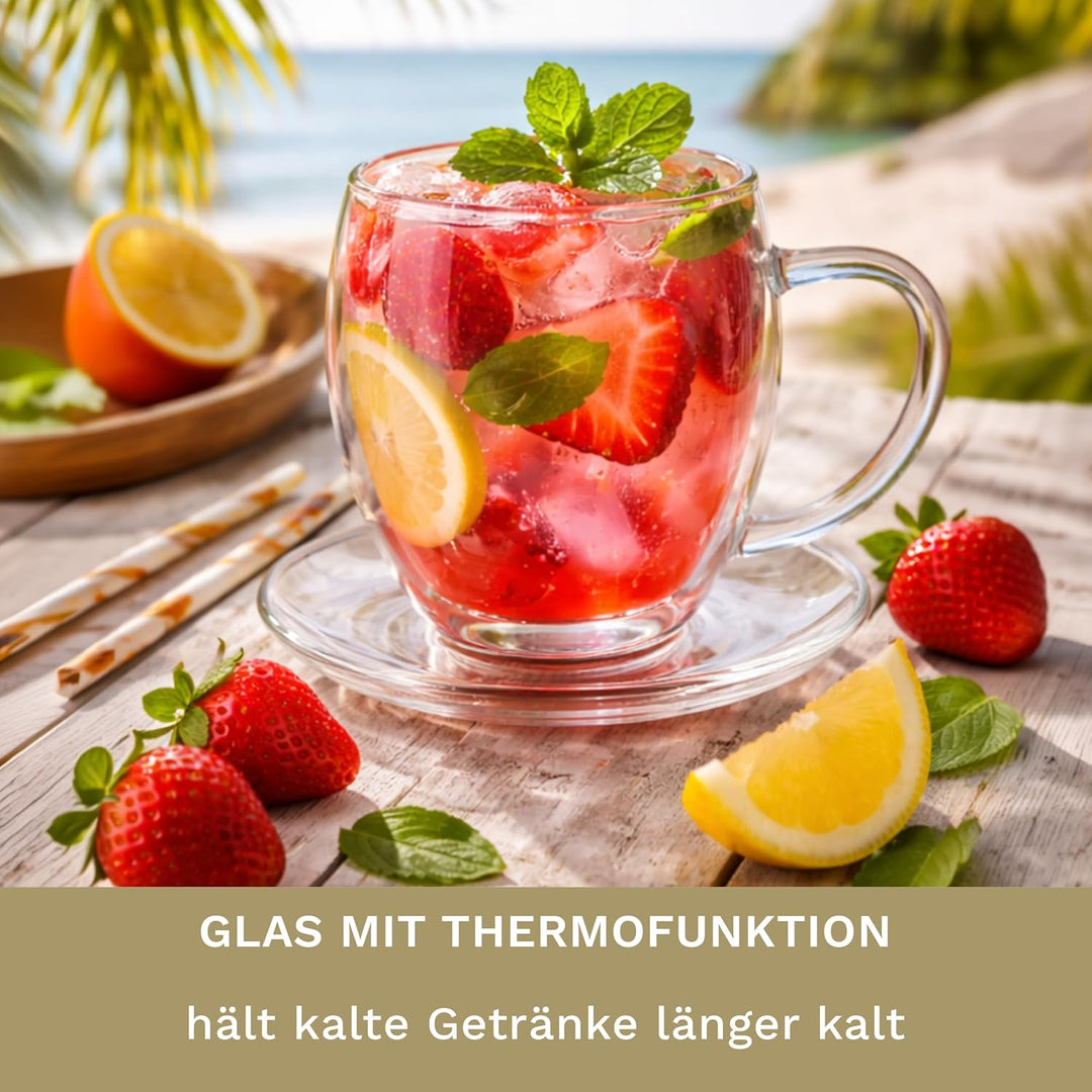 Creano 6 doppelwandige 250 ml Glas-Thermotassen mit Untersetzer, Glas-Teetasse/Kaffeetasse mit Schwe