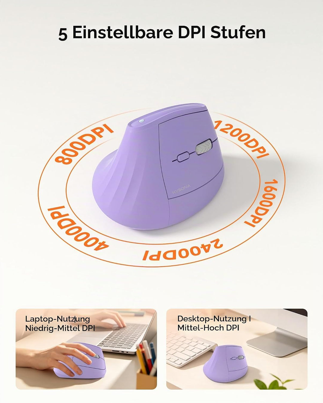 KYSONA Vertikale Ergonomische Maus 57°, Kabellos Bluetooth & 2,4 GHz, 5 DPI-Stufen, Leise Klicks, Ha