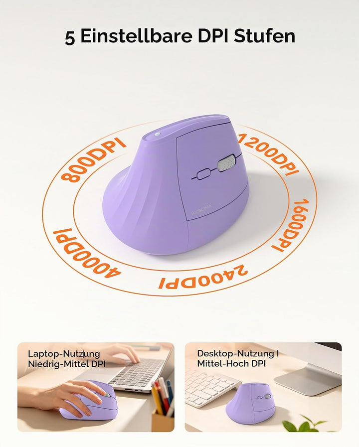 KYSONA Vertikale Ergonomische Maus 57°, Kabellos Bluetooth & 2,4 GHz, 5 DPI-Stufen, Leise Klicks, Ha