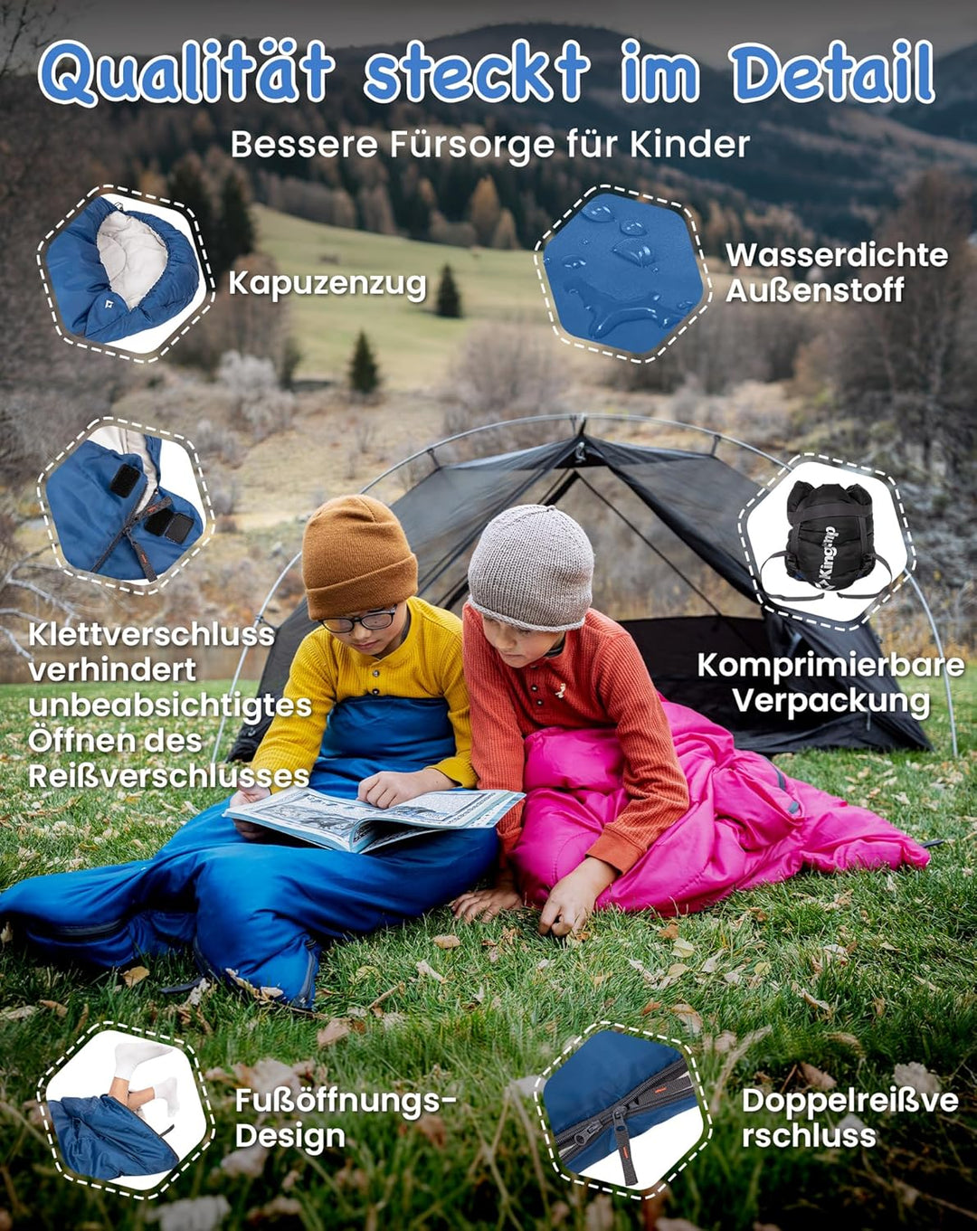 KingCamp Kinderschlafsack 3 Jahreszeiten Deckenschlafsack für Kinder 100-140cm Leicht Warm für Campi