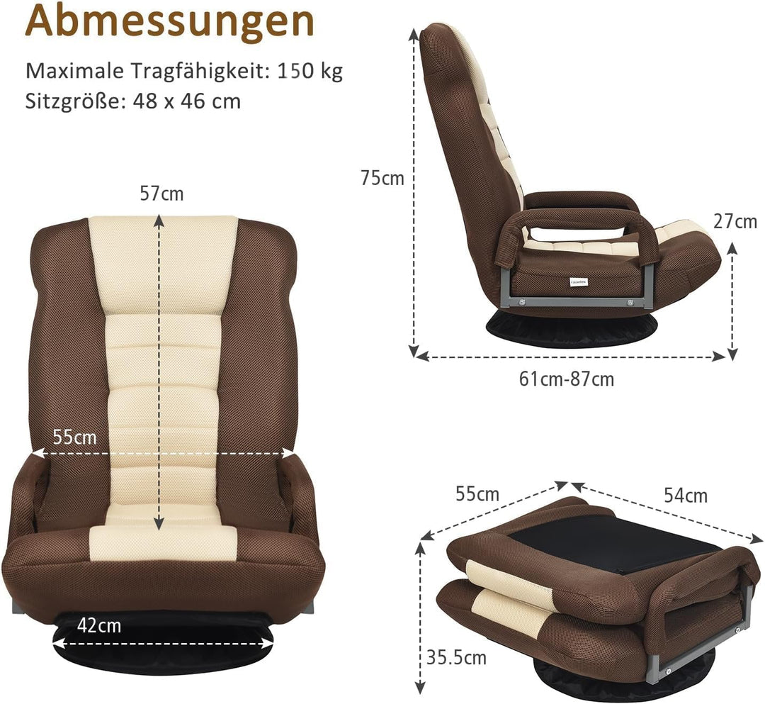 RELAX4LIFE Bodenstuhl Klappbar, Bodensessel mit 7-Fach Verstellbarer Rückenlehne &amp; 360° drehbarem So