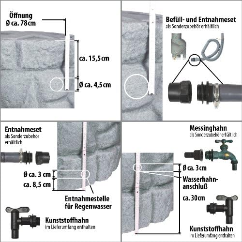 Regentonne Märchenbrunnen Granit-grau 330 l, Regenfass FROSTSICHER mit stabilem Deckel und Wasserhah