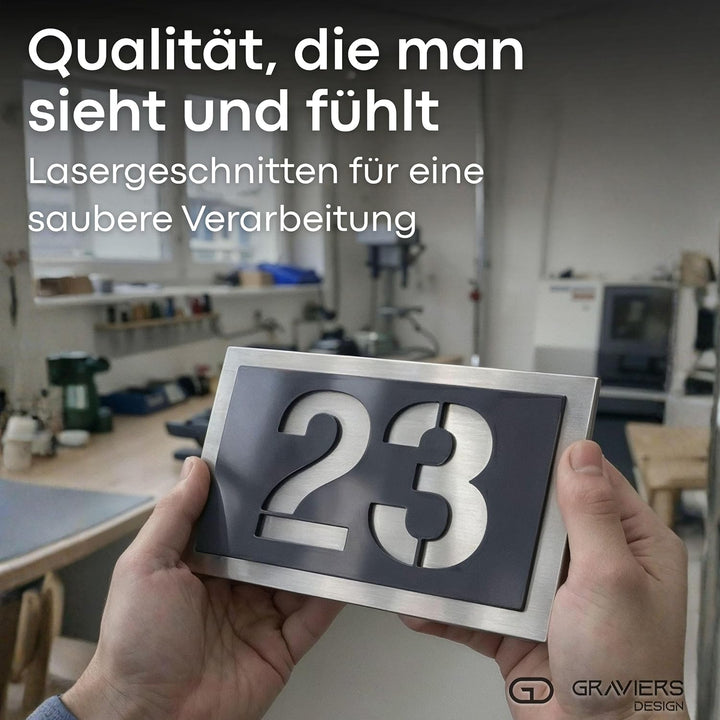 Graviers Design Hausnummer aus V2A Edelstahl 380x264mm - Anthrazit Metallic - Wetterfest Rostfrei In