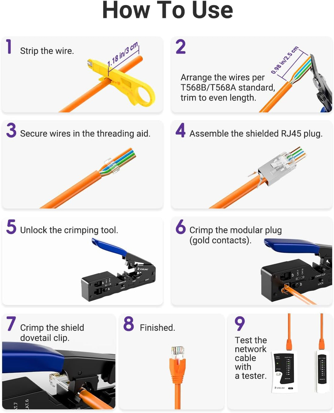 VCELINK Netzwerk Werkzeug Set, RJ45 Crimpzange mit 20 x RJ45 Stecker Cat7/Cat6a Pass Through, Netzwe