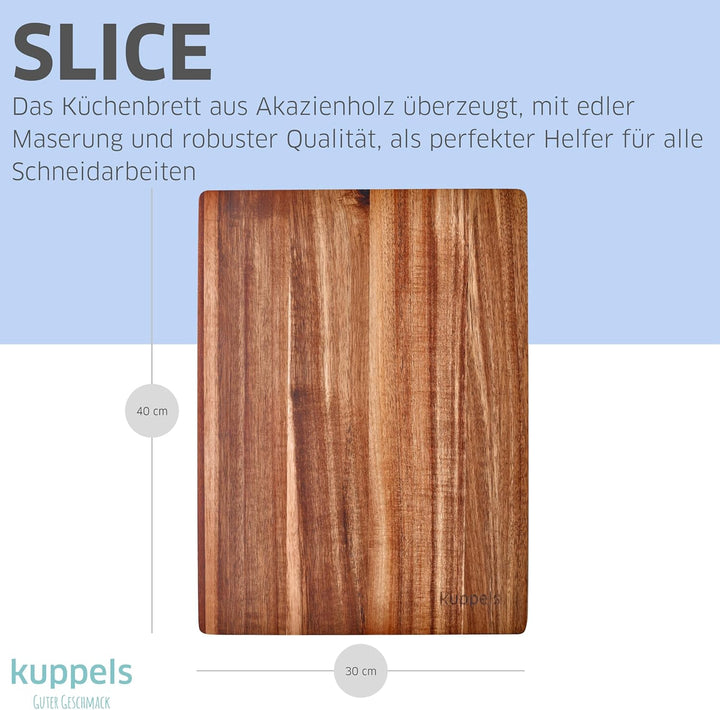 Kuppels Schneidebrett SLICE | Akazienholz | 40 x 30 x 1,5 cm | Holzbrett klingenschonend | Schneideb