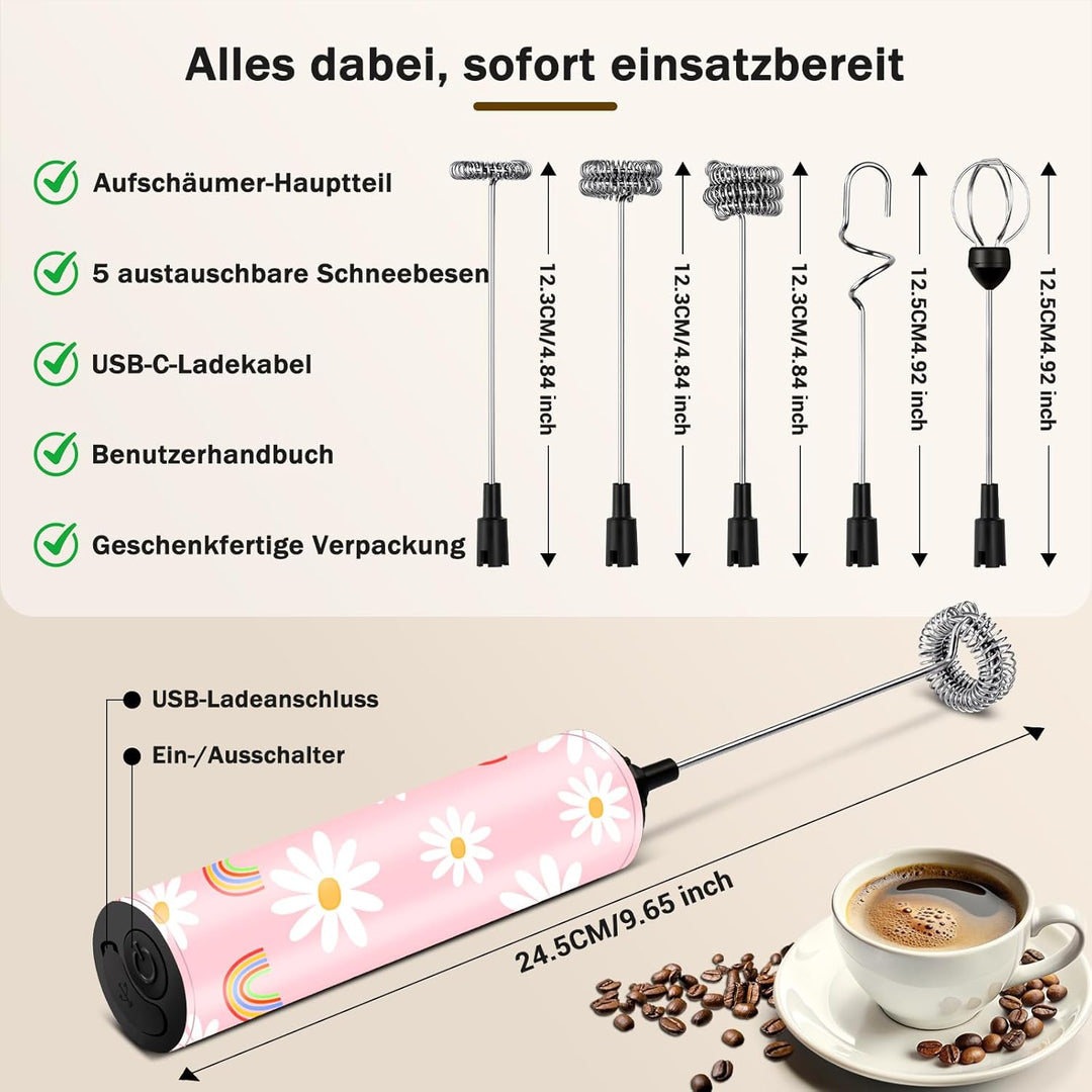 Milchschäumer Elektrisch USB-C mit 5 Wechselbaren Edelstahl-Schneebesen–2 Einstellbare Geschwindigke