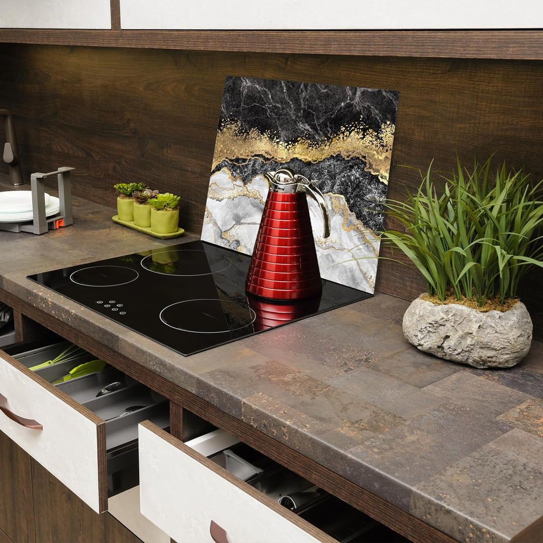 SmartDecoration Herdabdeckplatte Ceranfeldabdeckung aus Glas 60x52 cm Einteilig Motiv "Marmor" Schwa