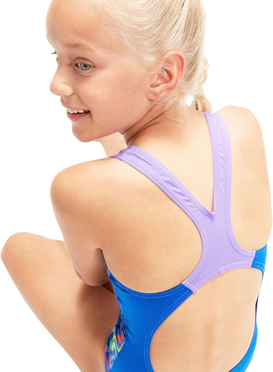 Speedo Mädchen Digital Placement Splashback Badeanzug 13 Jahre Blau Flame/Miami-lila/Hellgelb/Neongr