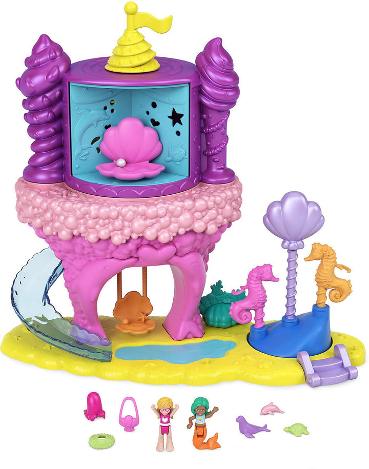 Polly Pocket GYK42 - Regenbogen-Einhornspass Meerjungfrauen-Bucht, 2 Puppen und 15 Überraschungen, S