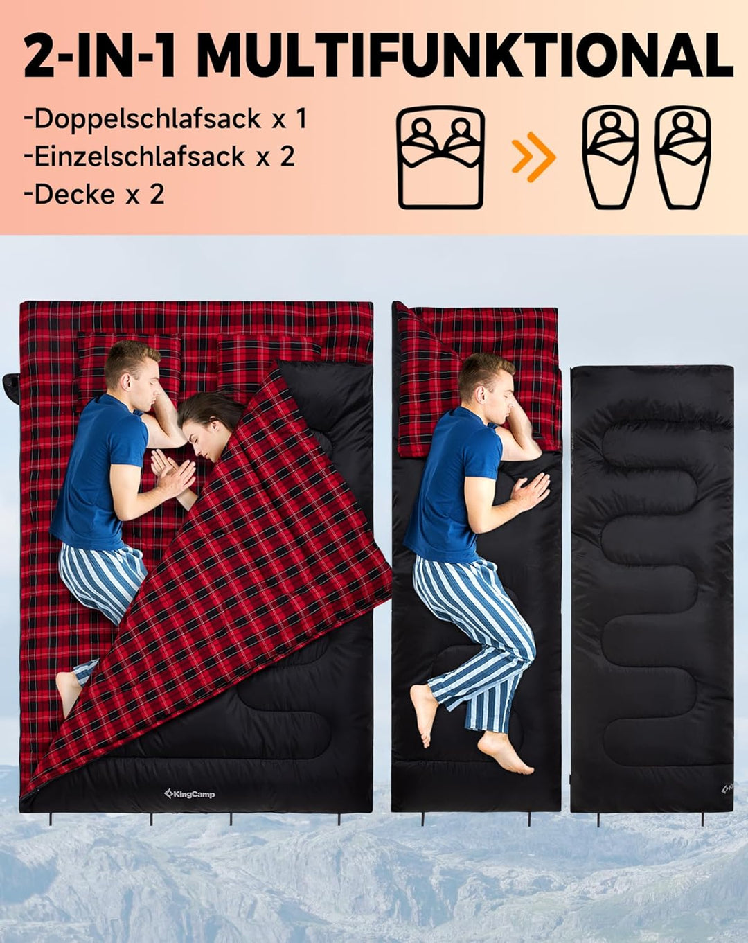 KingCamp Doppelschlafsack Baumwolle Flanell Winter Schlafsack 2 Personen Warmer Deckenschlafsack 3-4