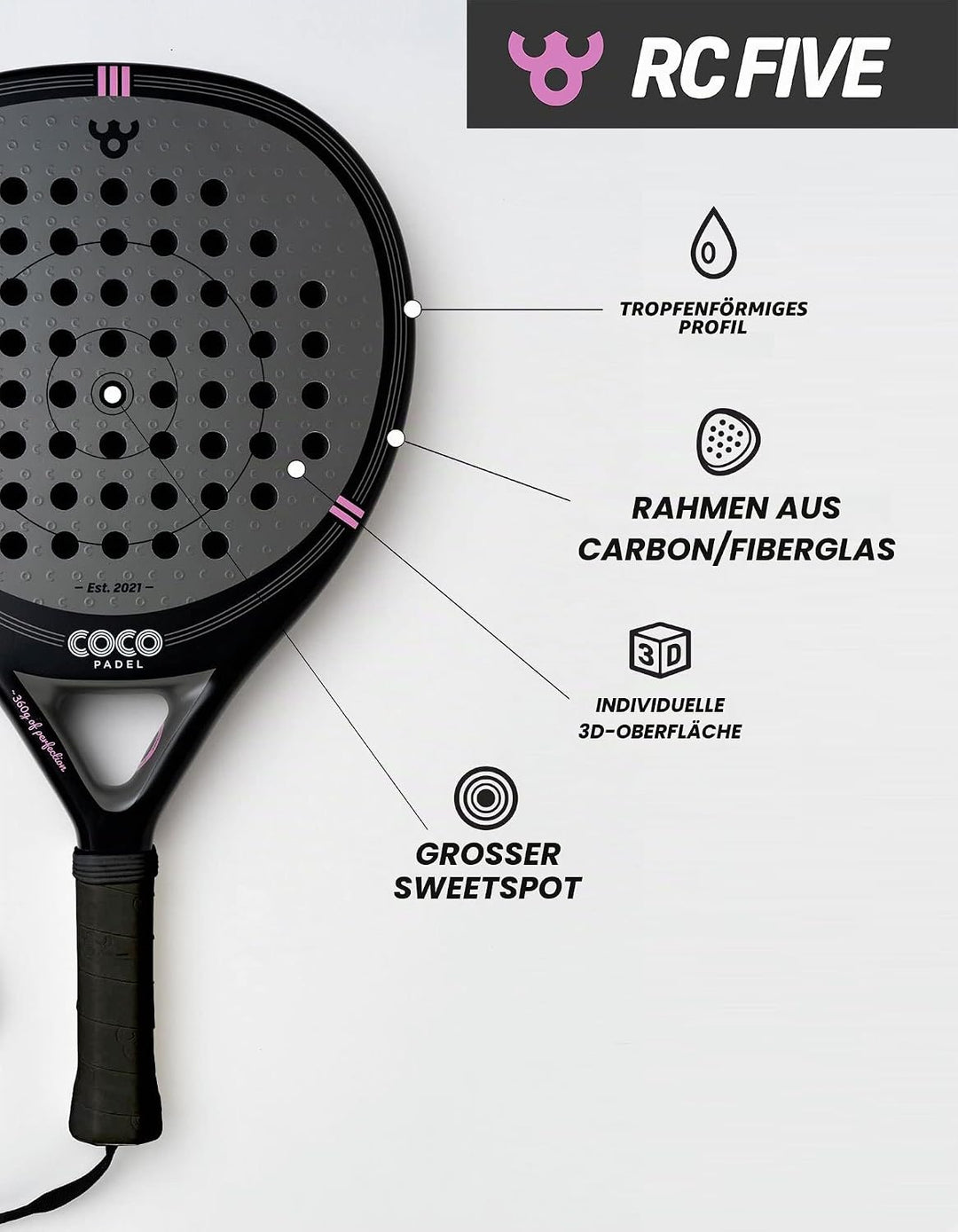 RC Five Padel-Schläger | 3K Carbon-Oberfläche | Eva-Softkern | Glasfaser &amp; Carbon-Rahmen | Kontrolle