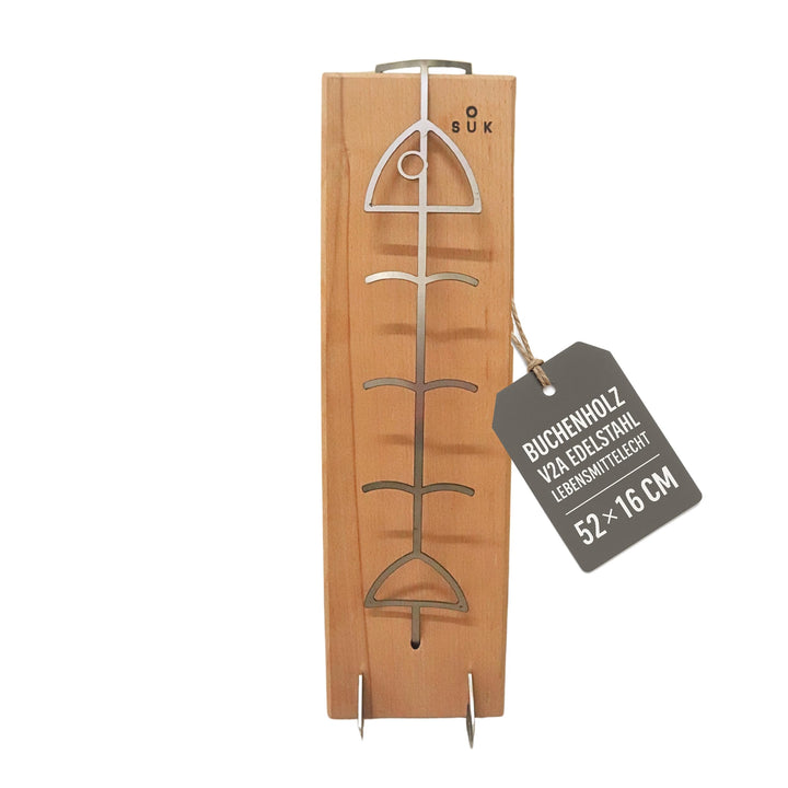 SOUK ONE Flammlachsbrett aus Buche Holz/Edelstahl – Rostfrei, Verstellbare Halterung, Perfekt für Fe