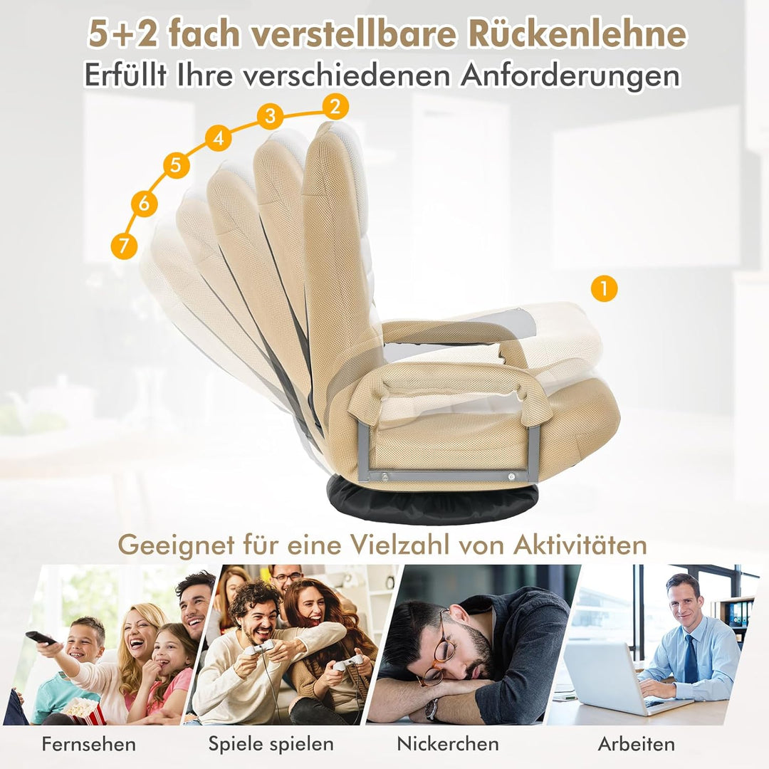 RELAX4LIFE Bodenstuhl Klappbar, Bodensessel mit 7-Fach Verstellbarer Rückenlehne &amp; 360° drehbarem So