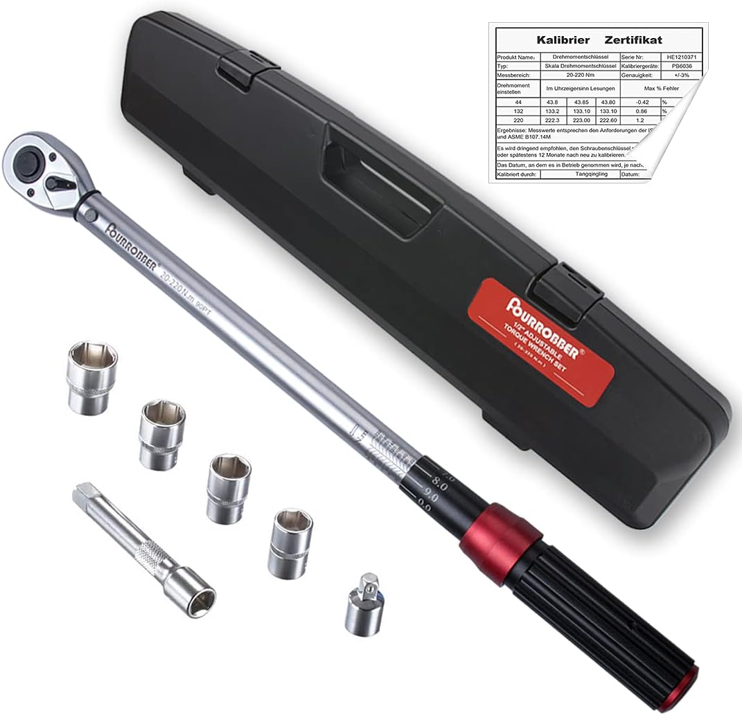 FOURROBBER Drehmomentschlüssel auto, 1/2 Zoll 20-220Nm Set,Verbesserte Version des 90 Zahn Drehmome