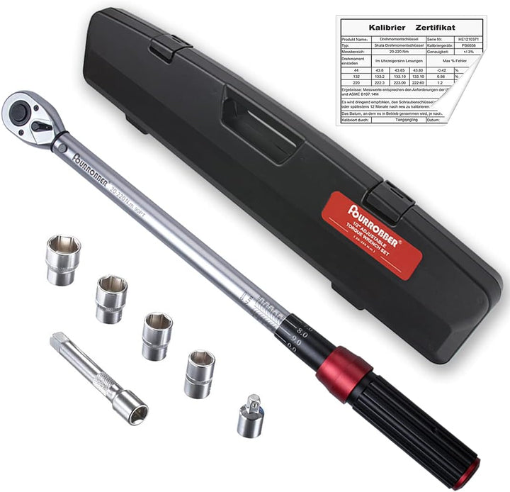 FOURROBBER Drehmomentschlüssel auto, 1/2 Zoll 20-220Nm Set,Verbesserte Version des 90 Zahn Drehmome