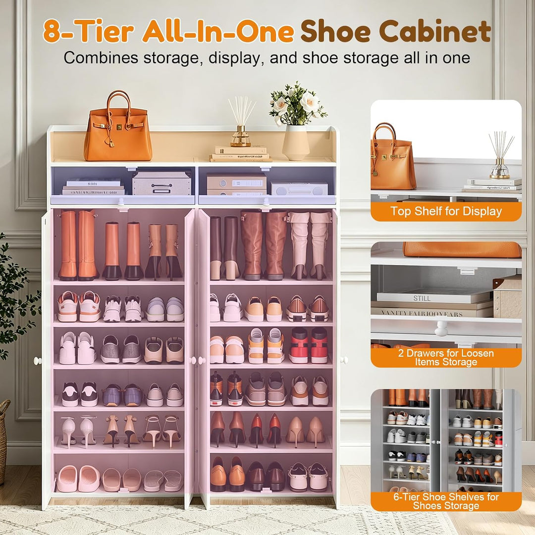 8-Ebenen Massivholz Schuhschrank, 2 Schubladen, 6 Anpassbare Regale | Magnettüren, Ablage mit Schutz