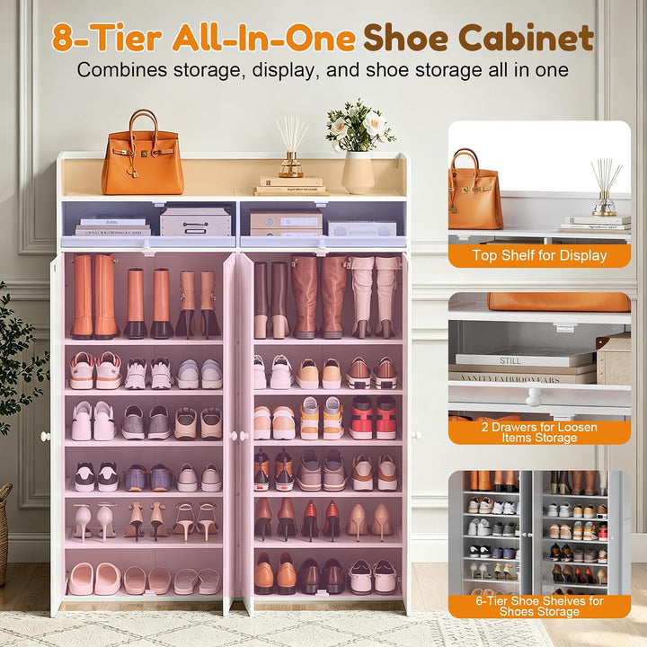 8-Ebenen Massivholz Schuhschrank, 2 Schubladen, 6 Anpassbare Regale | Magnettüren, Ablage mit Schutz