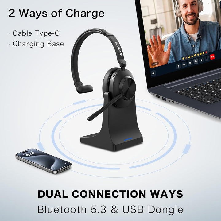 Voistek On-Ear Wireless Headset mit Bluetooth & USB-Dongle – 50 Std. Akkulaufzeit, Geräuschunterdrüc