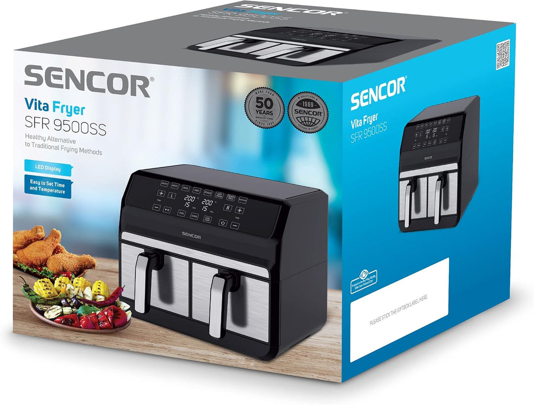 Sencor Luftfritteuse Air Fryer, Doppelfachfach, Luftzirkulationstechnologie, hohe Geschwindigkeit, b