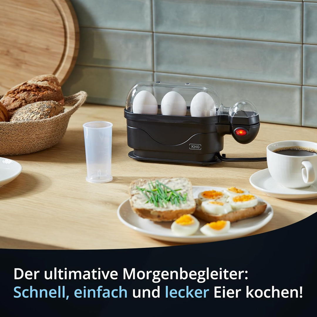 KHG Eierkocher | für 3 Eier, Aluminium Schwarz | mit Warmhaltefunktion im modernen Design sehr einfa