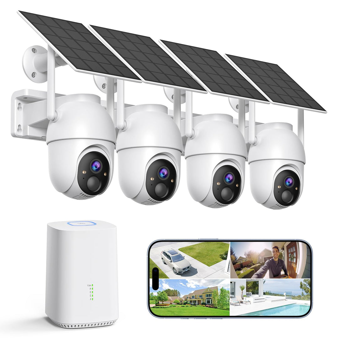 2K Überwachungskamera Aussen Akku Solar, 4-Cam-Set mit Basisstation | 360° PTZ Kabellos, 32G Lokaler
