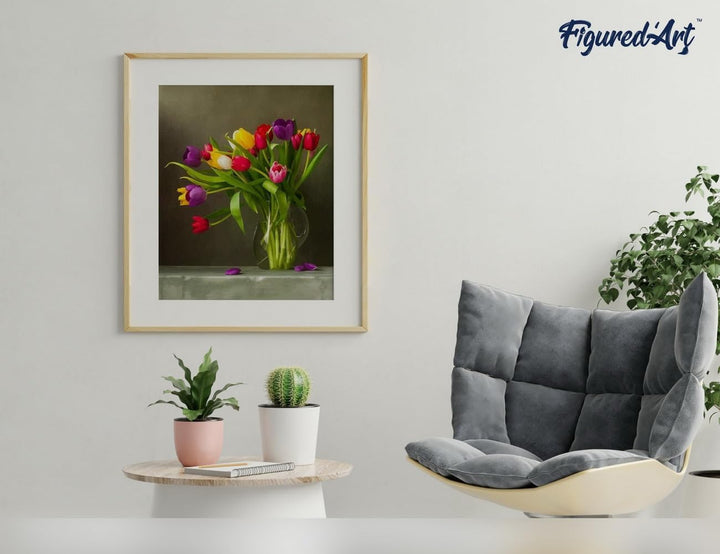 Figured'Art Malen Nach Zahlen Erwachsene Mit Rahmen Bunte Tulpen - Paint by Numbers Basteln DIY Bast