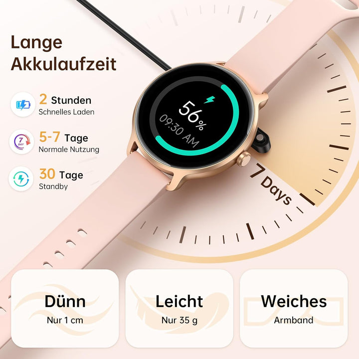 Smartwatch Damen Rund, 1.27" AMOLED Smart Watch mit Telefonfunktion, Fitnessuhr mit Pulsuhr SpO2 Sch