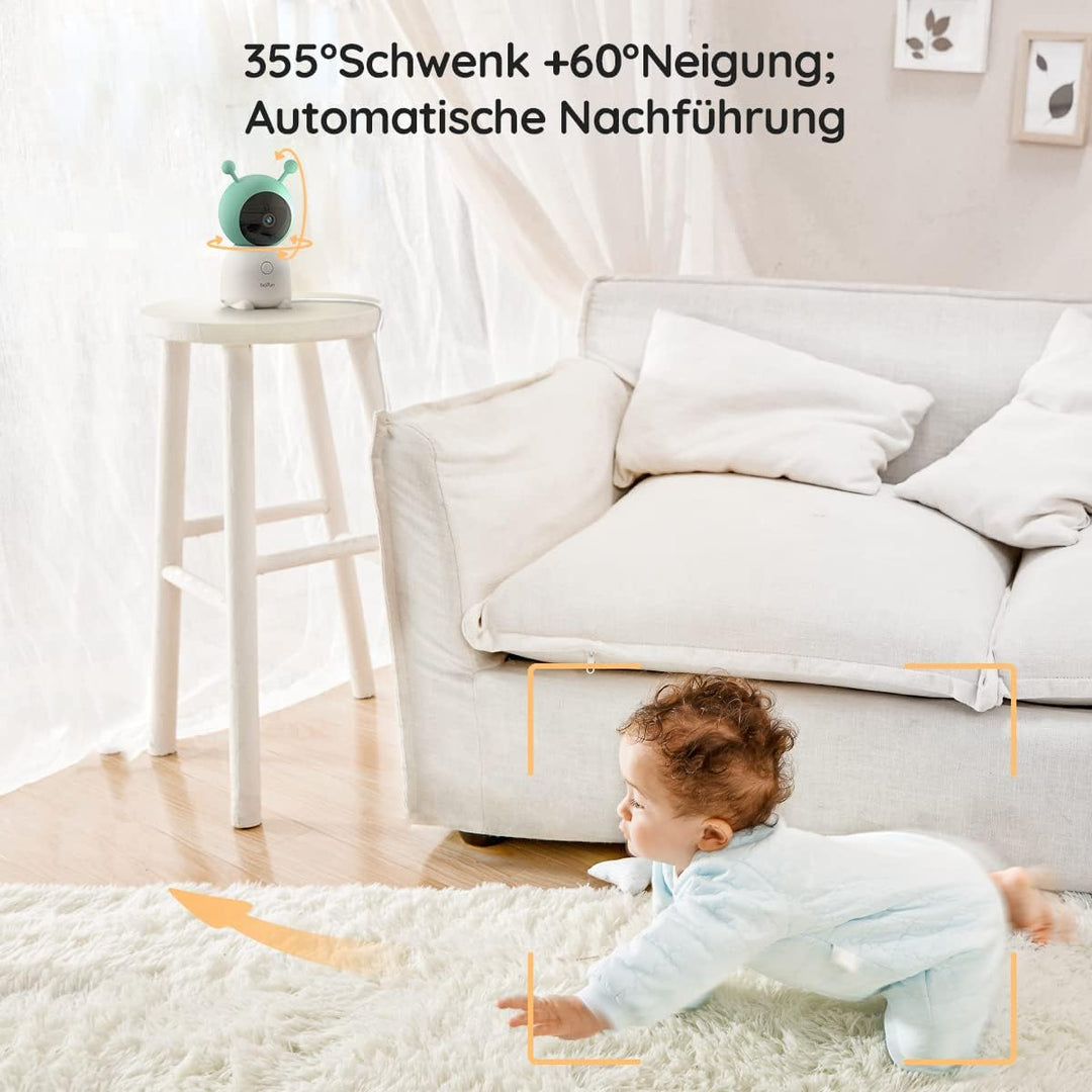BOIFUN Babyphone mit 2 Kamera App, 2K HD Bild, PTZ 355°/60°, 4×Zoom, Automatische Verfolgung, Weinen