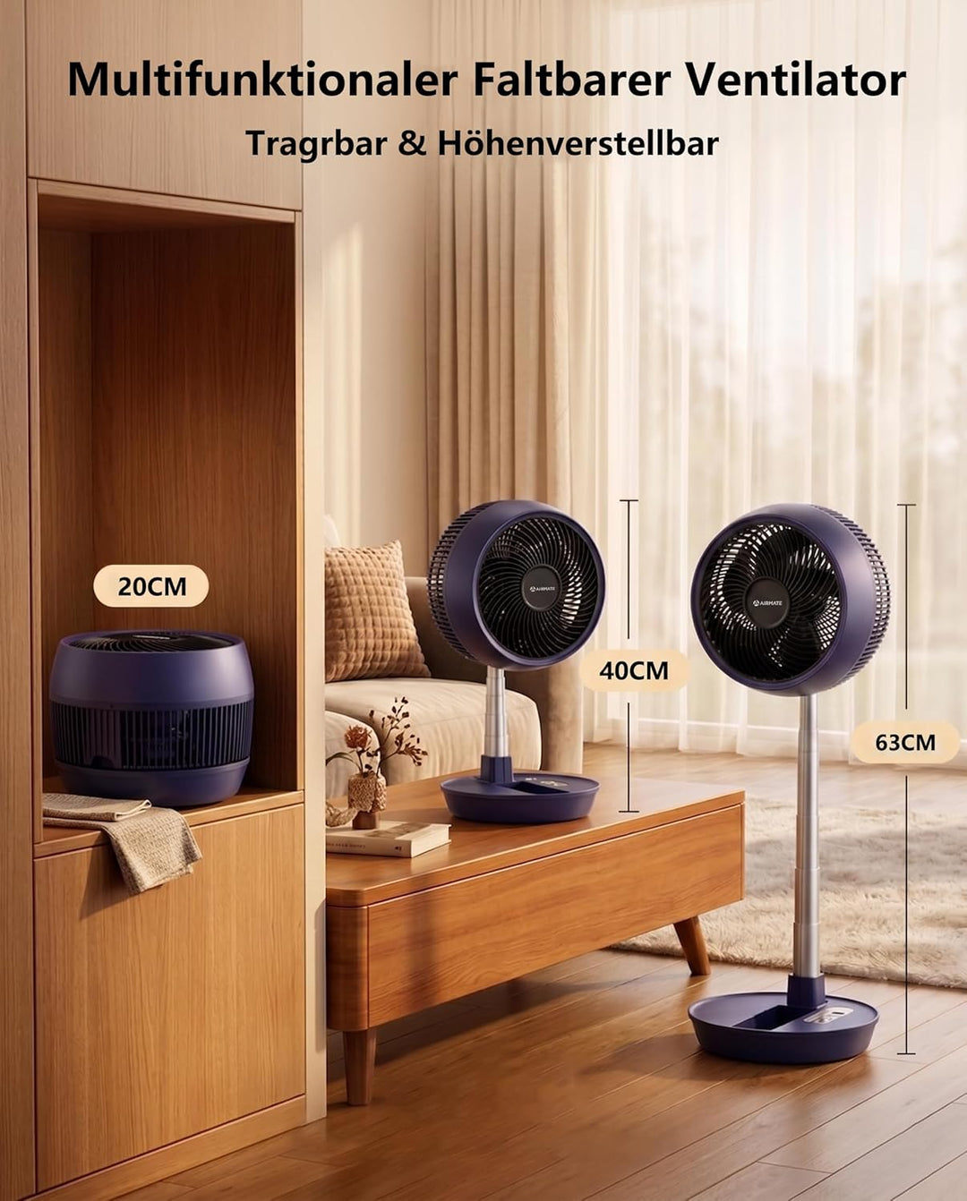 AIRMATE 63cm Ventilator mit Fernbedienung, Faltbarer Standventilator sehr leise, 90°+180° Oszillatio