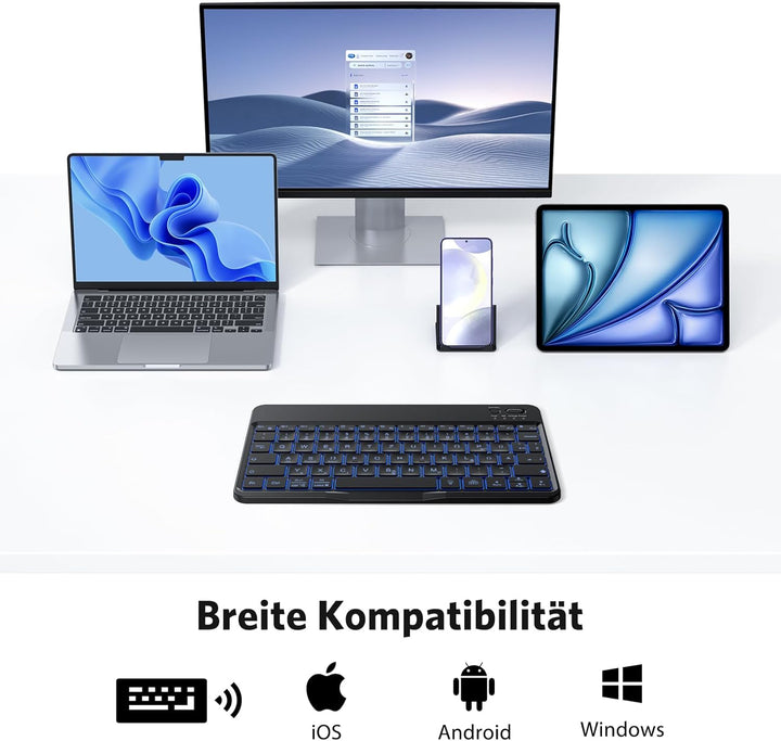 OMOTON Bluetooth Tastatur für iOS/Android/Windows mit Telefonhalter, iPad Tastatur mit Hintergrundbe