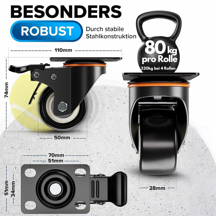 PEARWAY™ Premium Schwerlastrollen bis 320kg [4x Bremse] I Robuste Möbelrollen I Rollen für Möbel I L