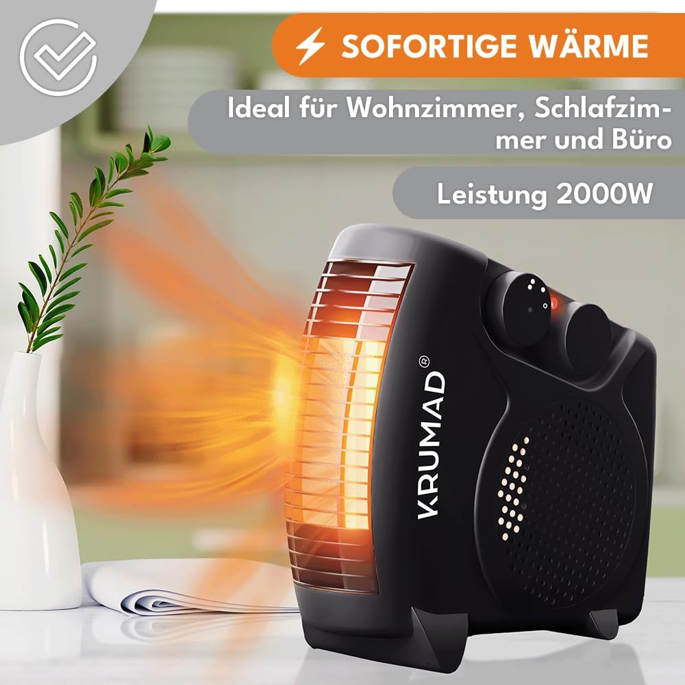 KRUMAD Heizlüfter 2000 W, Elektrische Heizung mit Thermostat & 2 Heizstufen, Energiesparender Elektr