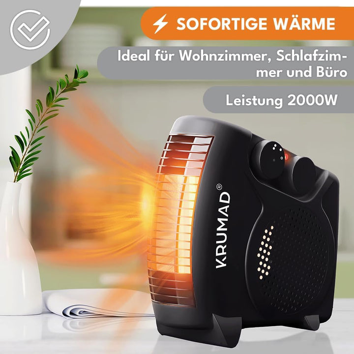 KRUMAD Heizlüfter 2000 W, Elektrische Heizung mit Thermostat & 2 Heizstufen, Energiesparender Elektr