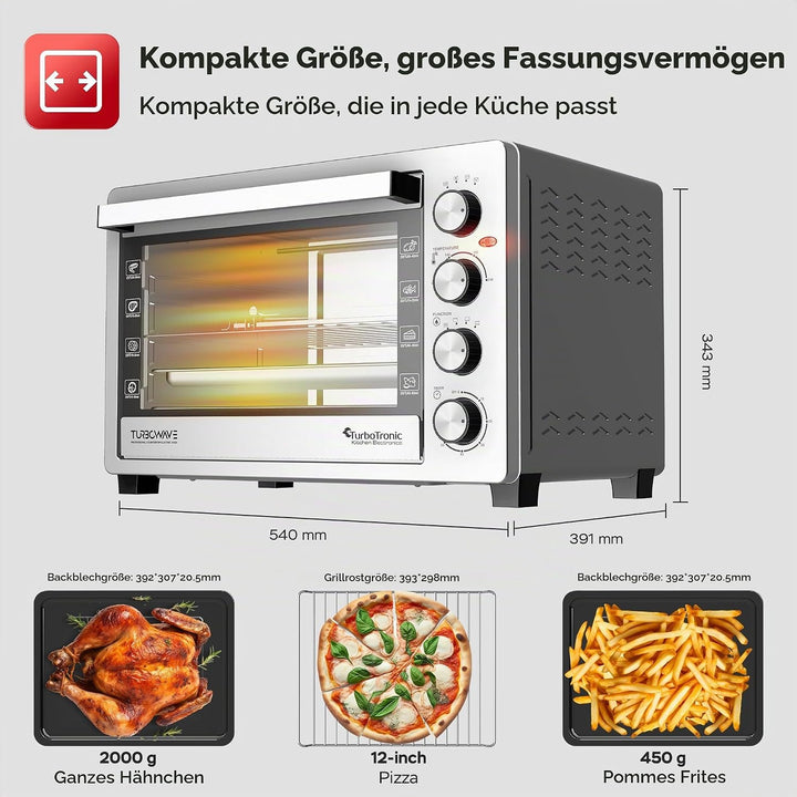 TurboTronic Elektrobacköfen mit Umluft, Grill &amp; Drehspiess | 30 L, 38 L &amp; 45 L Edelstahl-Tischbacköf