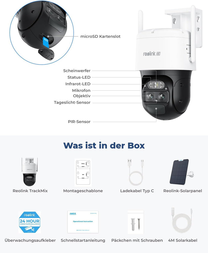 Reolink 4K PTZ Überwachungskamera Aussen Akku mit Auto-Tracking & Auto-Zoom, Dual Lens, 8MP Solar WL