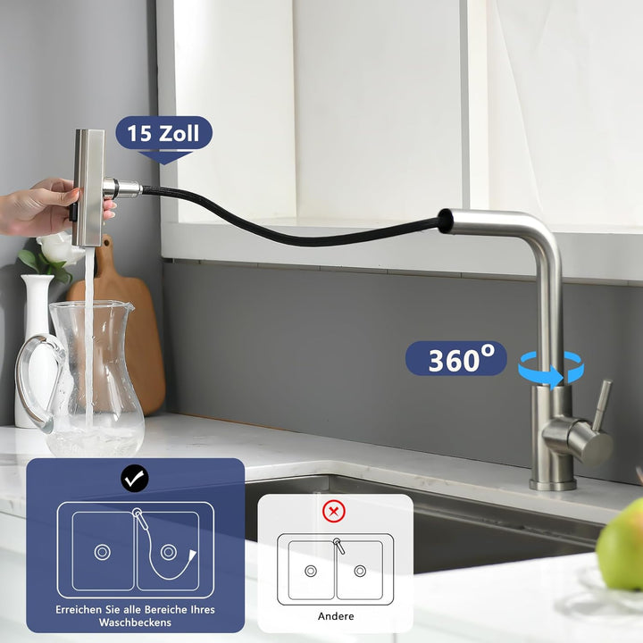 AIMADI Küchenarmatur ausziehbar,Wasserhahn Küche mit 3-Wege-Duschbrause & 38cm Schlauch, Einhebelmis