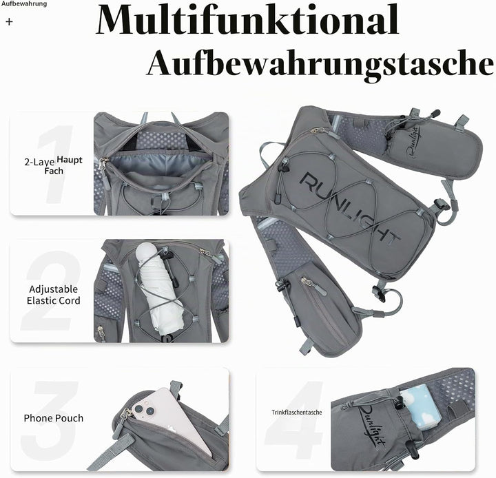 Runlight Laufweste für Damen und Herren,Verstellbare Brustgurte, Trinkweste Laufen mit 1500ml Wasser