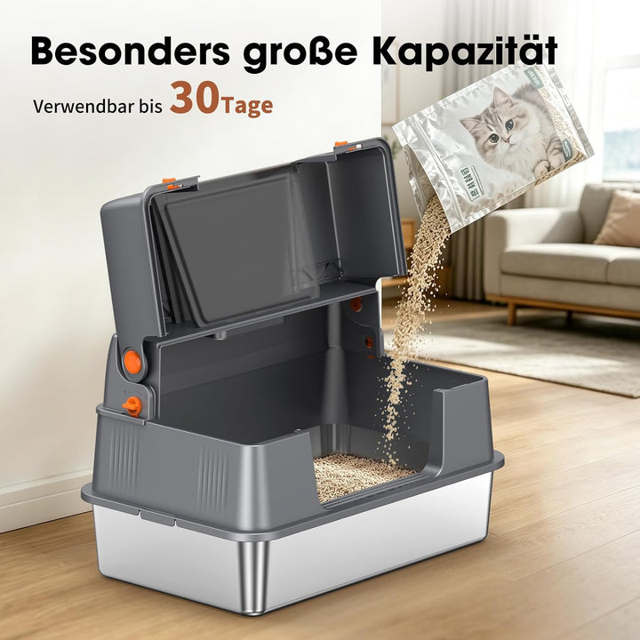 Edelstahl Katzentoilette Geschlossen 100° Klappdeckel,Dunkelgrau | Metallwanne, Vollständige Öffnung