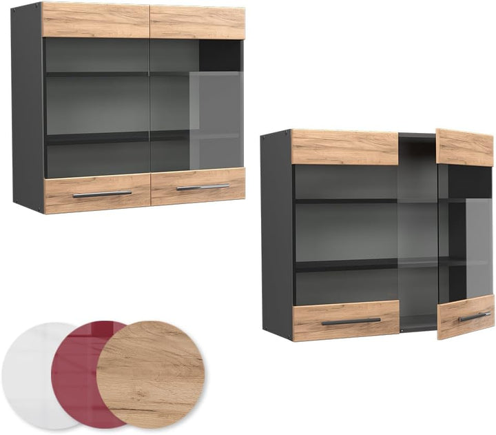Vicco Küchenschrank Glas Fame-Line, Goldkraft Eiche/Anthrazit, 80 cm Goldkraft Eiche Hängeglasschran