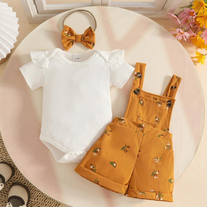 Kleinkind Baby Mädchen Sommerkleidung Rippstrick-Tops Trägerhosen mit Blumenmuster und Stirnband 3-6